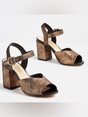 Modcloth Sbicca Glam Slam Leather Ankle Strap Bronze Block Heel Sandals